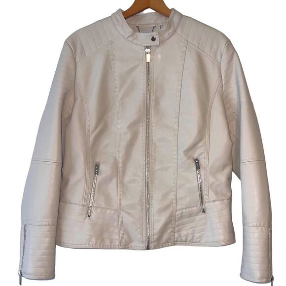 NWT Lu By Lolita Faux Leather Cream Off White Moto Bomber Zip Up Jacket XL - Picture 1 of 13